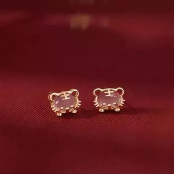 Серьги-гвоздики красного цвета «Год Тигра», серьги с халцедоном «Маленький тигр» в честь натального года, женские серьги Niche Light Luxury Zodiac Tiger золотой