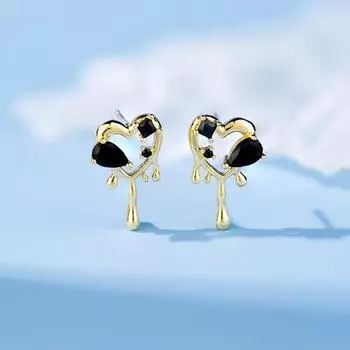 Серьги-гвоздики Lava Love, женские серьги-сердечки с черным цирконием, серьги в стиле ретро с отверстием для уха