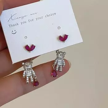 Серьги-гвоздики Love Bear с цирконами для двоих, женские, Spice Girl, сладкая и классная личность, изысканные, простые, универсальные серьги