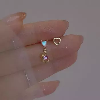 Серьги-гвоздики Love Bear, женские, простые, темпераментные, милые, мультяшные, с розовым цирконием, подвеска, темпераментные, асимметричные, в форме сердца