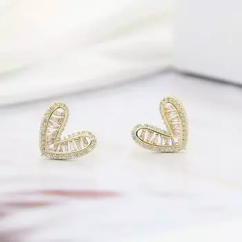 Серьги-гвоздики Love с бриллиантами, инкрустированные цирконием, серьги в форме сердца, высококачественные легкие серьги класса люкс 14k