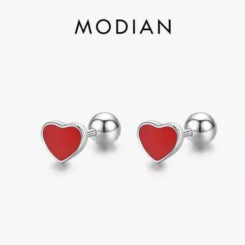 Серьги-гвоздики Modian Hearts с красной эмалью, стерлинговое серебро 925 пробы, круглые серьги с винтами и бусинами, модные серьги для женщин, изящные ювелирные изделия серебряный
