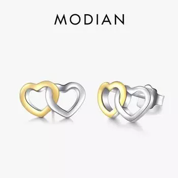Серьги-гвоздики Modian из стерлингового серебра 925 пробы с двойными сердечками белого и золотого цвета, модные женские свадебные украшения серебряный