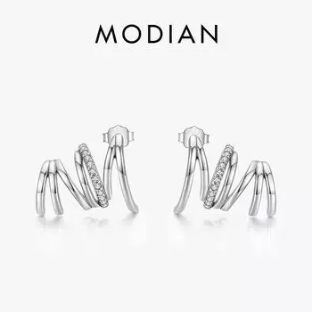 Серьги-гвоздики MODIAN из стерлингового серебра 925 пробы с геометрическими линиями, инкрустированные блестящим цирконием, модные волнистые серьги-гвоздики, ювелирные изделия, подарок серебряный