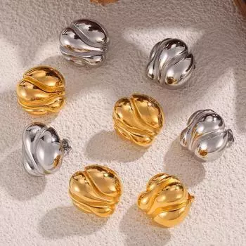 Серьги-гвоздики неправильной круглой формы с преувеличенной геометрией, вогнуто-выпуклые текстурные серьги из 18-каратного золота с покрытием, серьги из титановой стали, сохраняющие цвет