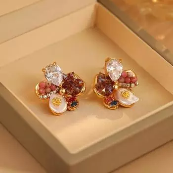 Серьги-гвоздики Niche Temperament Freshwater Pearl с пятью лепестками в форме цветка, ручная работа, серебряные серьги-иглы в стиле барокко с лепестками, универсальные серьги от знаменитостей из Интернета 18K