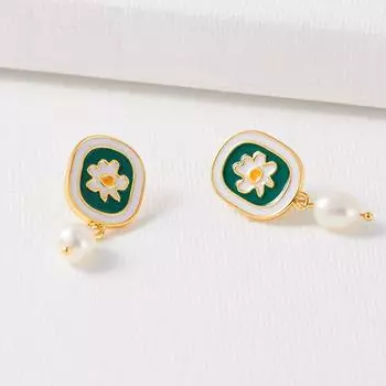 Серьги-гвоздики Park Caiying в стиле ретро из латуни с позолотой, эмалью ручной работы, каплевидной глазурью и ромашкой в виде жемчуга