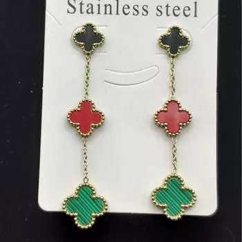 Серьги-гвоздики премиум-класса с четырьмя листьями травы, кисточками с обеих сторон и бесцветными подвесками для ушей чёрный