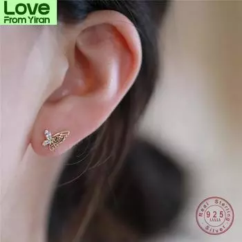 Серьги-гвоздики с бабочкой из стерлингового серебра 925 пробы и 14-каратного золота с корейским кристаллом, женские украшения для вечеринок золотой
