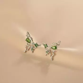 Серьги-гвоздики с бабочкой из зеленого циркония, женские летние темпераментные, девичьи, чувственные, маленькие, свежие, полые серьги