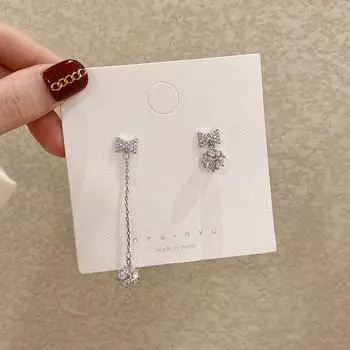 Серьги-гвоздики с бантиками и бриллиантами Design Sense, асимметричные серьги из циркония, версия модных темпераментных сережек с бахромой, High Sense