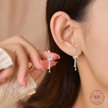 Серьги-гвоздики с бантиками из стерлингового серебра 925 пробы для женщин, модные серьги с кисточками для вечеринок, изящные ювелирные украшения, минималистичные аксессуары