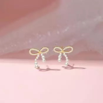Серьги-гвоздики с бантиком из искусственного жемчуга, женские, простые, легкие, роскошные, нишевого дизайна, корейский стиль, слегка инкрустированные цирконием серьги