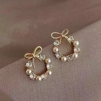 Серьги-гвоздики с бантом, модные серьги с темпераментом, круглые серьги с жемчужной гирляндой и бриллиантами золотой