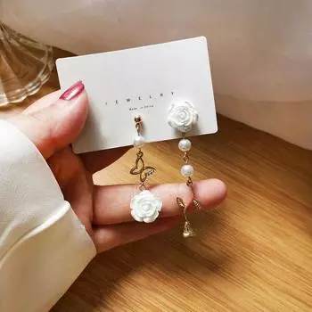 Серьги-гвоздики с белой розой, асимметричные серьги-бабочки, новые креативные серьги, подарок для девочек белый