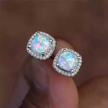 Серьги-гвоздики с белым огненным опалом и квадратным камнем на завинчивающейся спине для женщин, винтажные модные украшения, очаровательные многоцветные серьги-гвоздики с камнями серебряный