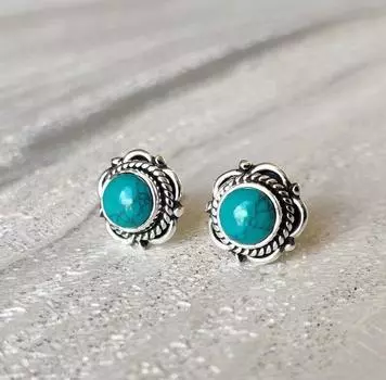 Серьги-гвоздики с бирюзой для минималистского образа • Изящные серьги с бриллиантами • Идеально сочетаются с любым вашим комплектом • Подарок для нее синий