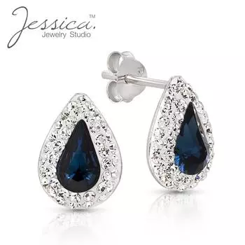 Серьги-гвоздики с бриллиантами из натурального серебра 925 пробы в форме слезы с голубым топазом и изумрудом