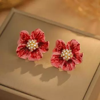 Серьги-гвоздики с цветами 2024 года, нишевая роскошь, высококачественные красные серьги Ankola, темпераментные серьги в стиле знаменитостей для женщин 18K