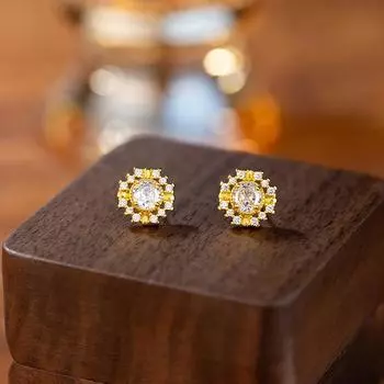 Серьги-гвоздики с цветком из циркония, женские, французские, легкие, роскошные, золотые, серьги-подсолнухи, темперамент