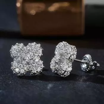 Серьги-гвоздики с цветком из муассанита и четырехлистным клевером из стерлингового серебра 925 пробы белый