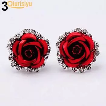 Серьги-гвоздики с цветком розы и стразами для женщин, ювелирные изделия для пирсинга, очаровательный подарок красный