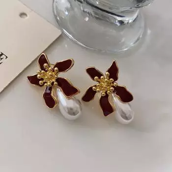 Серьги-гвоздики с цветком в стиле барокко Celebrity Light Luxury Premium Sense Round Face Skinny Earrings Ankola Red