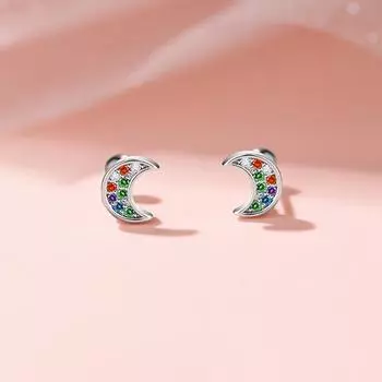 Серьги-гвоздики с цветным цирконием и луной, женские простые и маленькие радужные серьги с винтовой застежкой