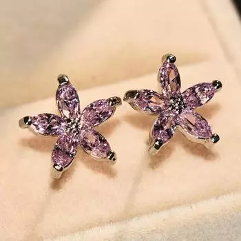 Серьги-гвоздики с цветочным принтом и пятиконечной звездой из циркона, 5 цветов, ювелирные изделия серебряного цвета разноцветный