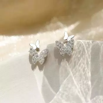 Серьги-гвоздики с двумя бабочками для женщин, изысканные серьги из чистого серебра 999 пробы, небольшие модные серьги, подходящие друг другу и ухаживающие за ушами 999