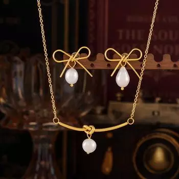 Серьги-гвоздики с французским бантом, ожерелье из пресноводного жемчуга, подарочный набор для подруги из нержавеющей стали, сладкий темперамент