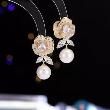 Серьги-гвоздики с французской глазурью и жемчугом камелии и цирконием, серебряные иглы 925 пробы, элегантные, модные, темпераментные, милые белый