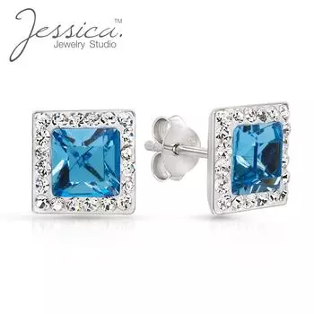 Серьги-гвоздики с голубым аквамарином и бриллиантами из стерлингового серебра 925 пробы с мартовским камнем огранки принцессы