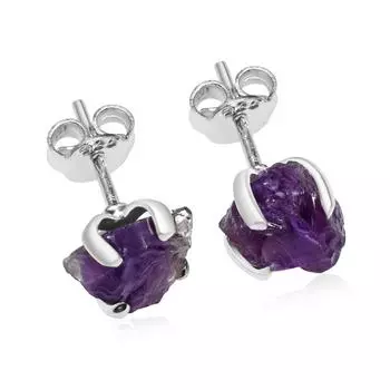 Серьги-гвоздики с грубым драгоценным камнем и аметистом фиолетового цвета, серебро 925 пробы, серьги-гвоздики, ювелирные изделия из серег-гвоздиков ручной работы, подарок на Пасху фиолетовый