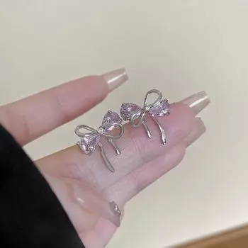 Серьги-гвоздики с инкрустацией кубическим цирконием, форма банта, темпераментные серьги-гвоздики, простые женские ювелирные изделия для девочек серебряный
