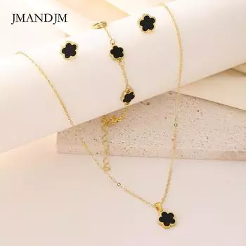 Серьги-гвоздики с изображением пятилепесткового клевера на удачу, комплект из трех предметов, модный комплект украшений с изображением пятилепесткового цветка