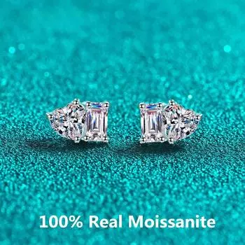 Серьги-гвоздики с изумрудом и сердцем превосходной огранки, 2 карата, платиновые серьги-гвоздики из стерлингового серебра, изысканные ювелирные изделия 1ct total 2ct