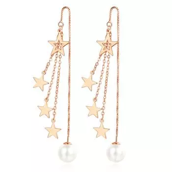 Серьги-гвоздики с кисточками и пентаграммой, серьги средней длины в корейском стиле из розового золота для женщин, простые изящные серьги-кольца