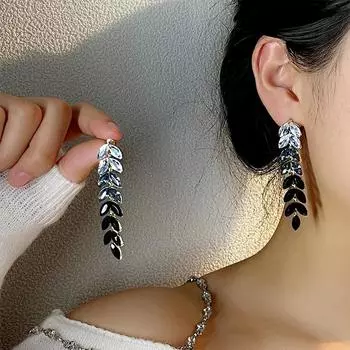 Серьги-гвоздики с кисточками из бриллиантов и каплями воды, серьги-гвоздики с длинными кисточками и листьями премиум-класса