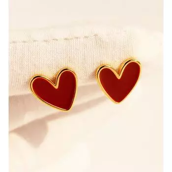 Серьги-гвоздики с красной эмалью на день рождения и Новый год, маленькие и нежные симметричные серьги в форме персикового сердца с каплями масла, серебряная игла 825