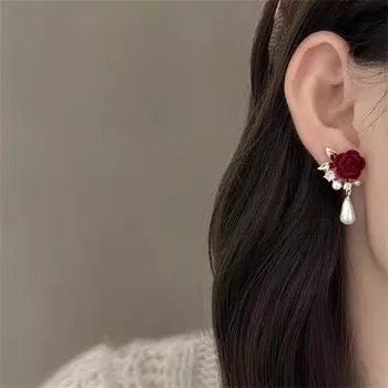 Серьги-гвоздики с красным бархатом и розами, винтажные жемчужные серьги, серьги-гвоздики One Size красный