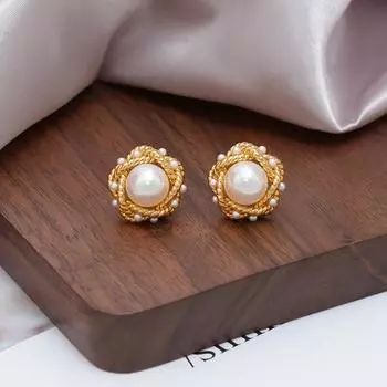 Серьги-гвоздики с круглым жемчугом в виде витков, французские ретро-легкие роскошные серьги, женские антикварные темпераментные серьги в гонконгском стиле, аксессуары 18K