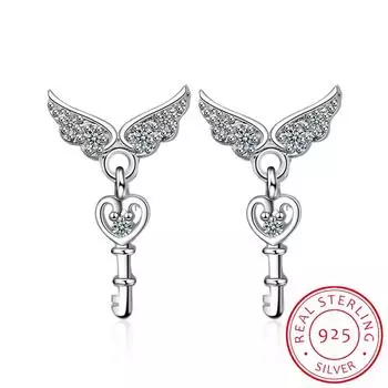 Серьги-гвоздики с крыльями ангела из стерлингового серебра 925 пробы и фианитами в форме сердца для женщин и девочек, ювелирные изделия Orecchini Aros Aretes Oorbellen