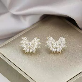 Серьги-гвоздики с крыльями из циркония и бриллиантами, легкие, роскошные, высокого класса, темпераментные серьги, универсальные серьги для женщин в стиле французских знаменитостей 14k золотой