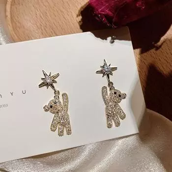 Серьги-гвоздики с кубическим цирконием в виде маленького медвежонка и восьмиконечной звезды для девочек, милый декор, подарок на день рождения, годовщину, ювелирные изделия