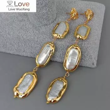 Серьги-гвоздики с культивированным белым жемчугом Бива с гальваническим покрытием по краям 93MM