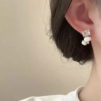 Серьги-гвоздики с квадратным цирконием и пресноводным жемчугом, женские серьги-гвоздики с нишевым дизайном в стиле ретро, универсальные, темпераментные, модные серьги