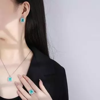 Серьги-гвоздики с микро-оправой из искусственного изумруда Параиба, квадратные, кулон, женское ювелирное кольцо