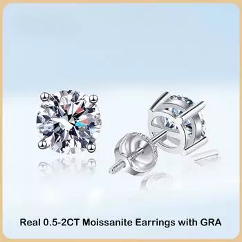 Серьги-гвоздики с муассанитом цвета D, 0,5-2 карата, 4 зубца, для женщин и девочек, изящные ювелирные изделия, серьги-гвоздики из стерлингового серебра 925 пробы с бриллиантами 0.5ct(5mm) and 0.5ct