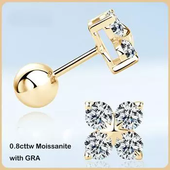 Серьги-гвоздики с муассанитом цвета D, 4 камня клевера, 0,8 карата, полный цвет D, серьги-гвоздики с муассанитом для женщин и девочек, серебро S925, 3 мм, с бриллиантами 0.8cttw Moissanite